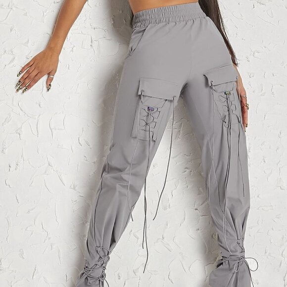 Grey Casual Womens Flap Pocket Side Drawstring Hem Cargo Pants - Picture 2 of 5